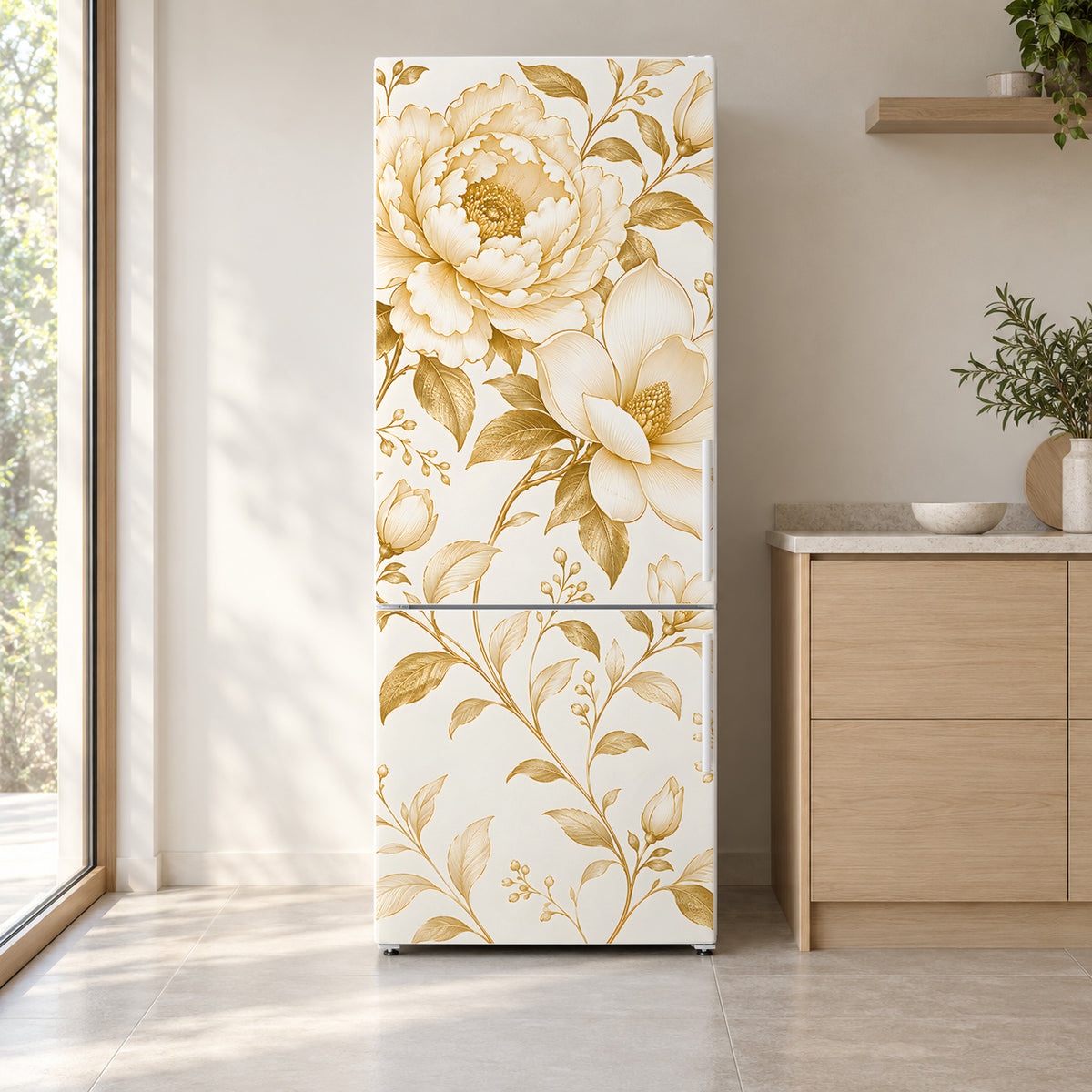 Gold & White Floral fridge wrap on a white refrigerator in a bright kitchen