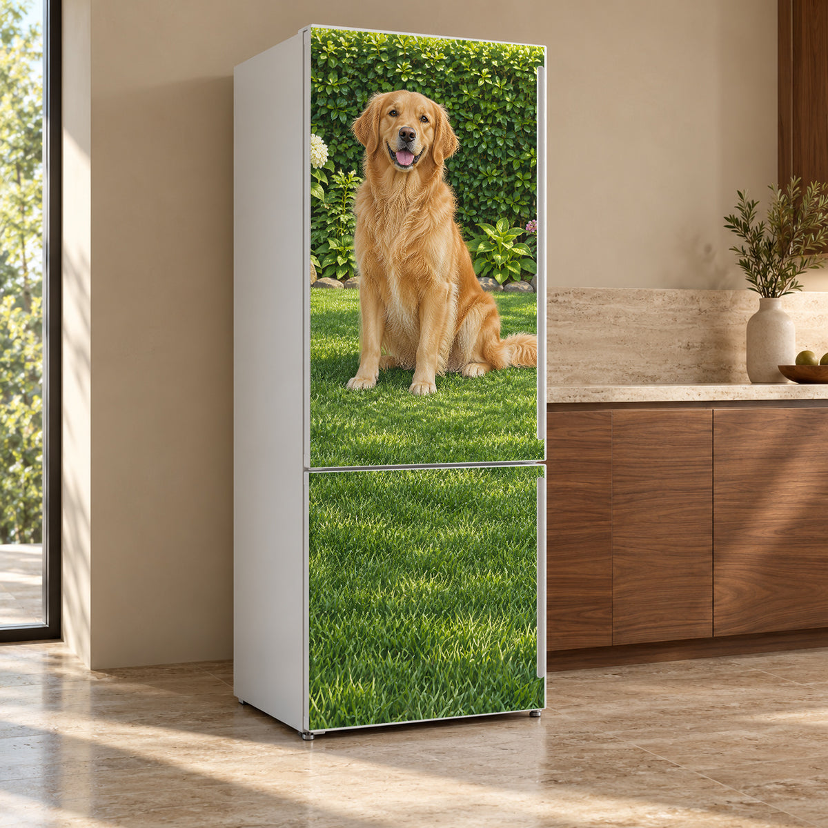 Golden Retriever fridge wrap, refrigerator shown at an angle