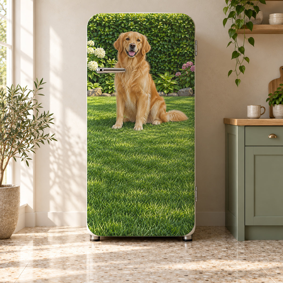 Golden Retriever fridge wrap on a retro refrigerator