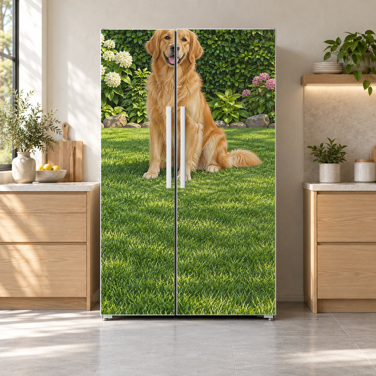 Golden Retriever fridge wrap on a side-by-side refrigerator