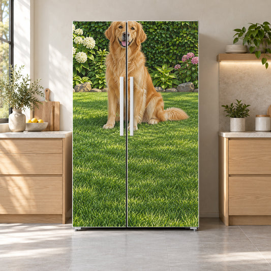 Golden Retriever fridge wrap on a side-by-side refrigerator