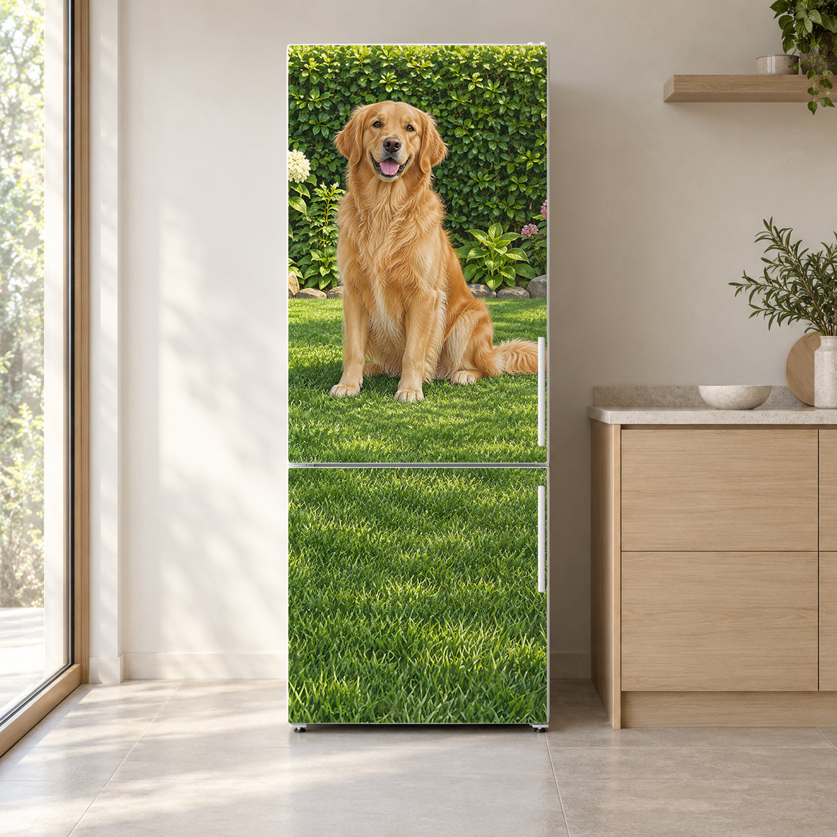 Golden Retriever fridge wrap on a white refrigerator in a bright kitchen