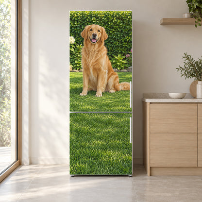 Golden Retriever fridge wrap on a white refrigerator in a bright kitchen