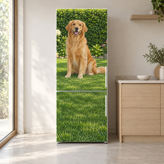 Golden Retriever fridge wrap on a white refrigerator in a bright kitchen