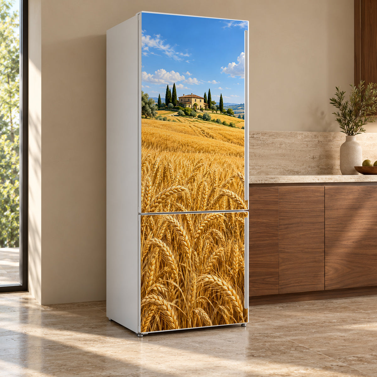 Golden Wheat Field fridge wrap, refrigerator shown at an angle