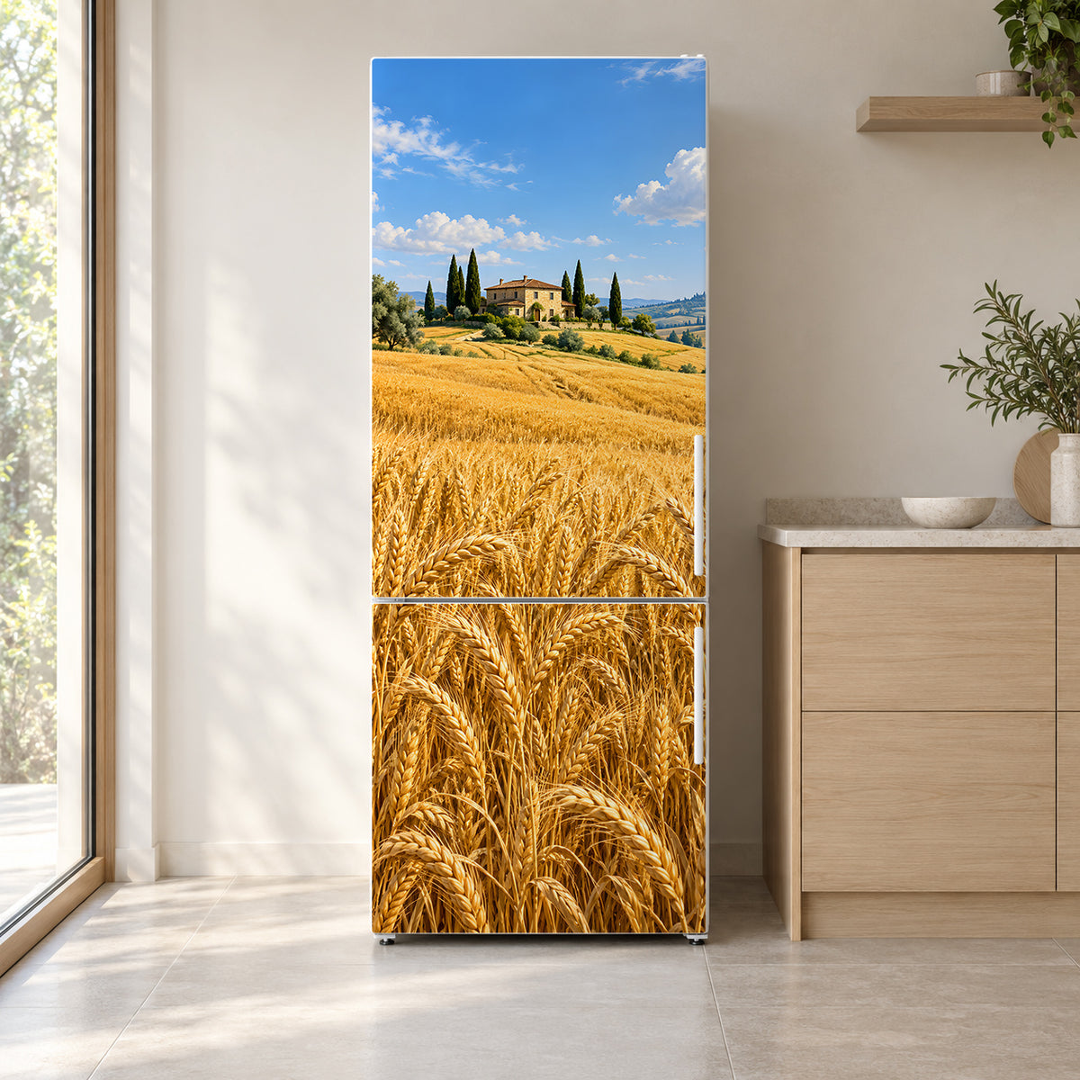 Golden Wheat Field fridge wrap on a white refrigerator in a bright kitchen