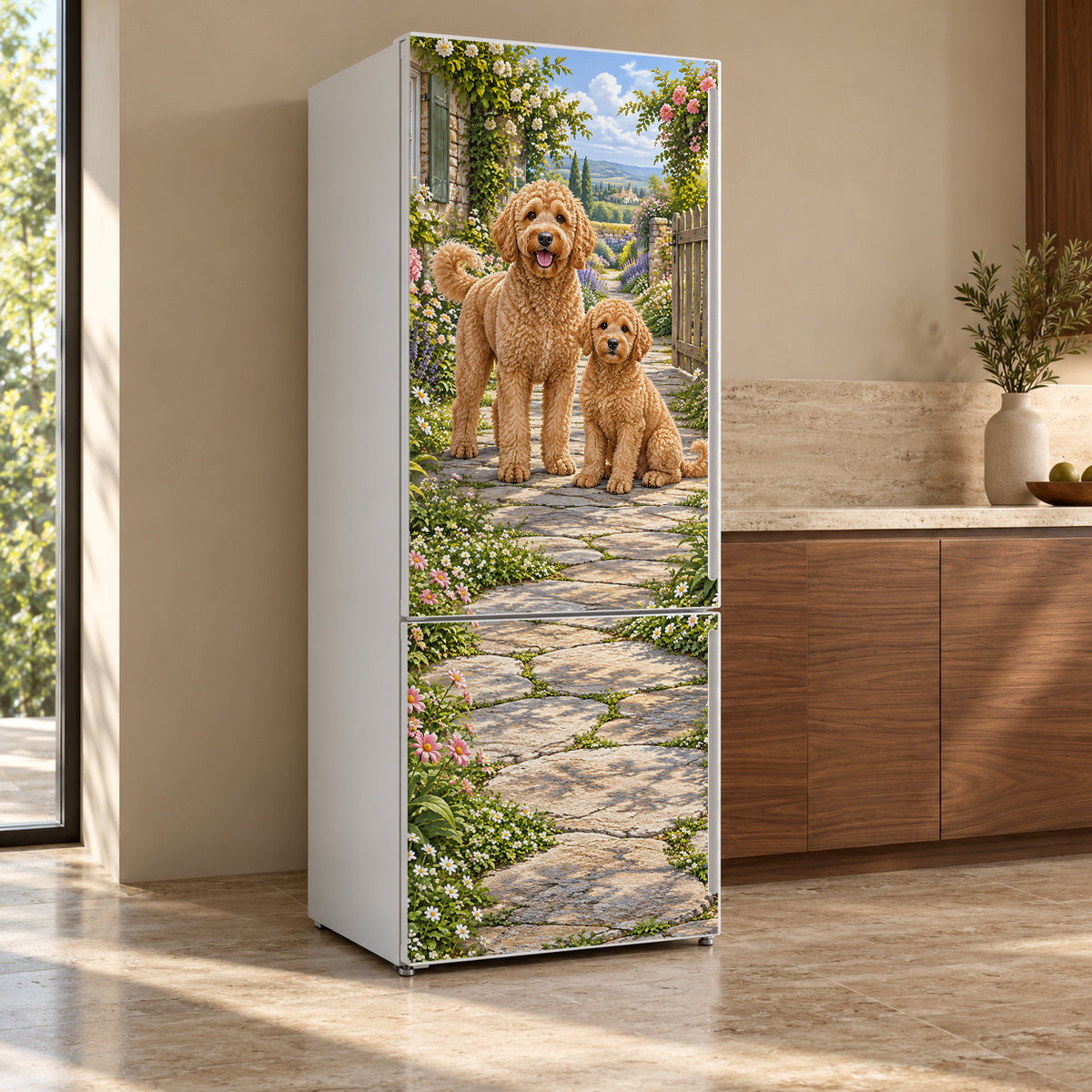 Goldendoodles fridge wrap, refrigerator shown at an angle