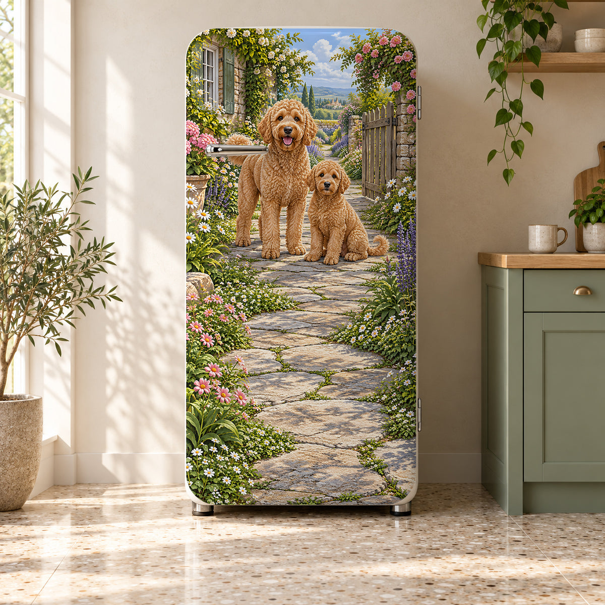 Goldendoodles fridge wrap on a retro refrigerator