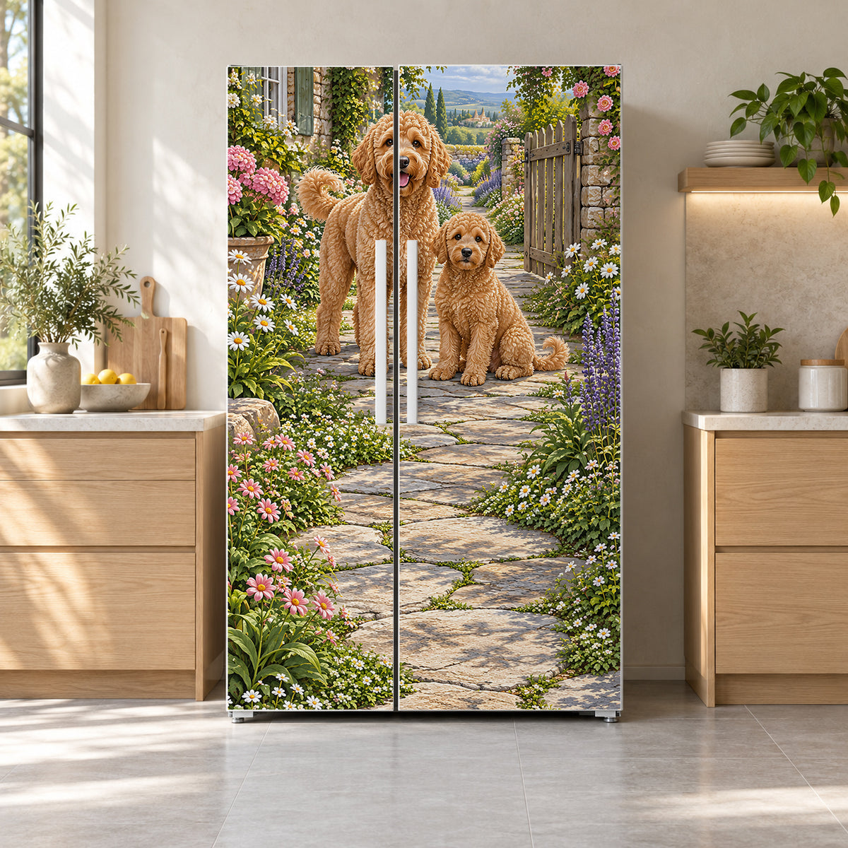 Goldendoodles fridge wrap on a side-by-side refrigerator