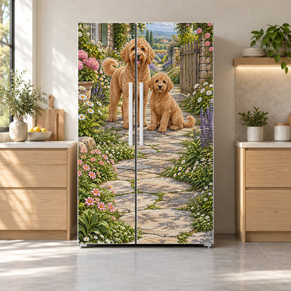 Goldendoodles fridge wrap on a side-by-side refrigerator