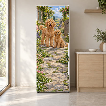 Goldendoodles fridge wrap on a white refrigerator in a bright kitchen