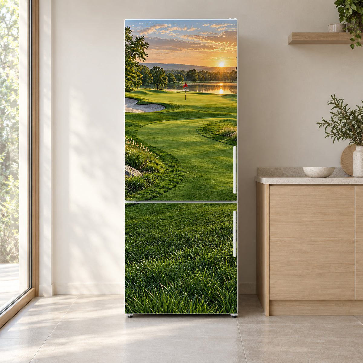 Golf Course Green fridge wrap on a white refrigerator in a bright kitchen