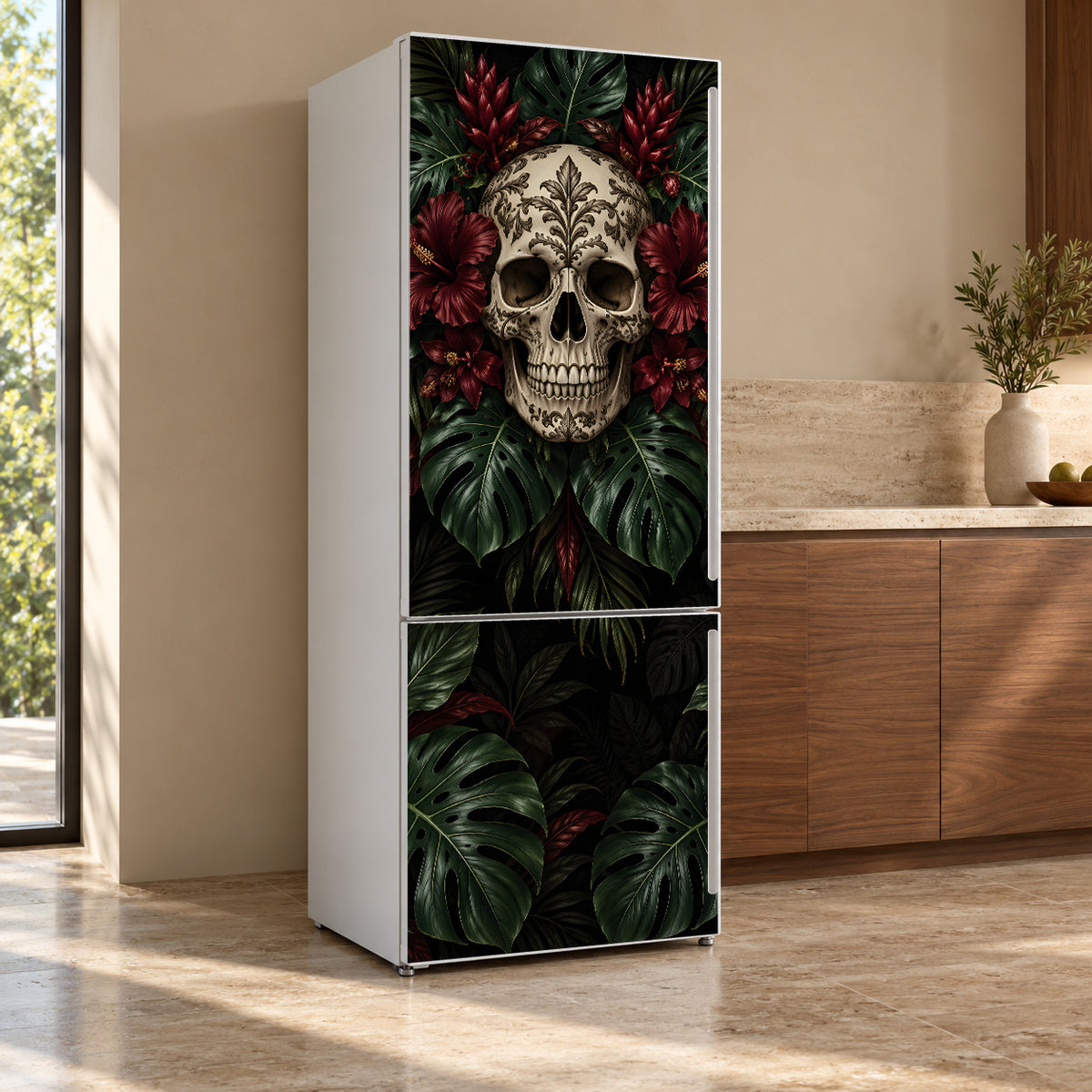 Gothic Tropical Skull fridge wrap, refrigerator shown at an angle