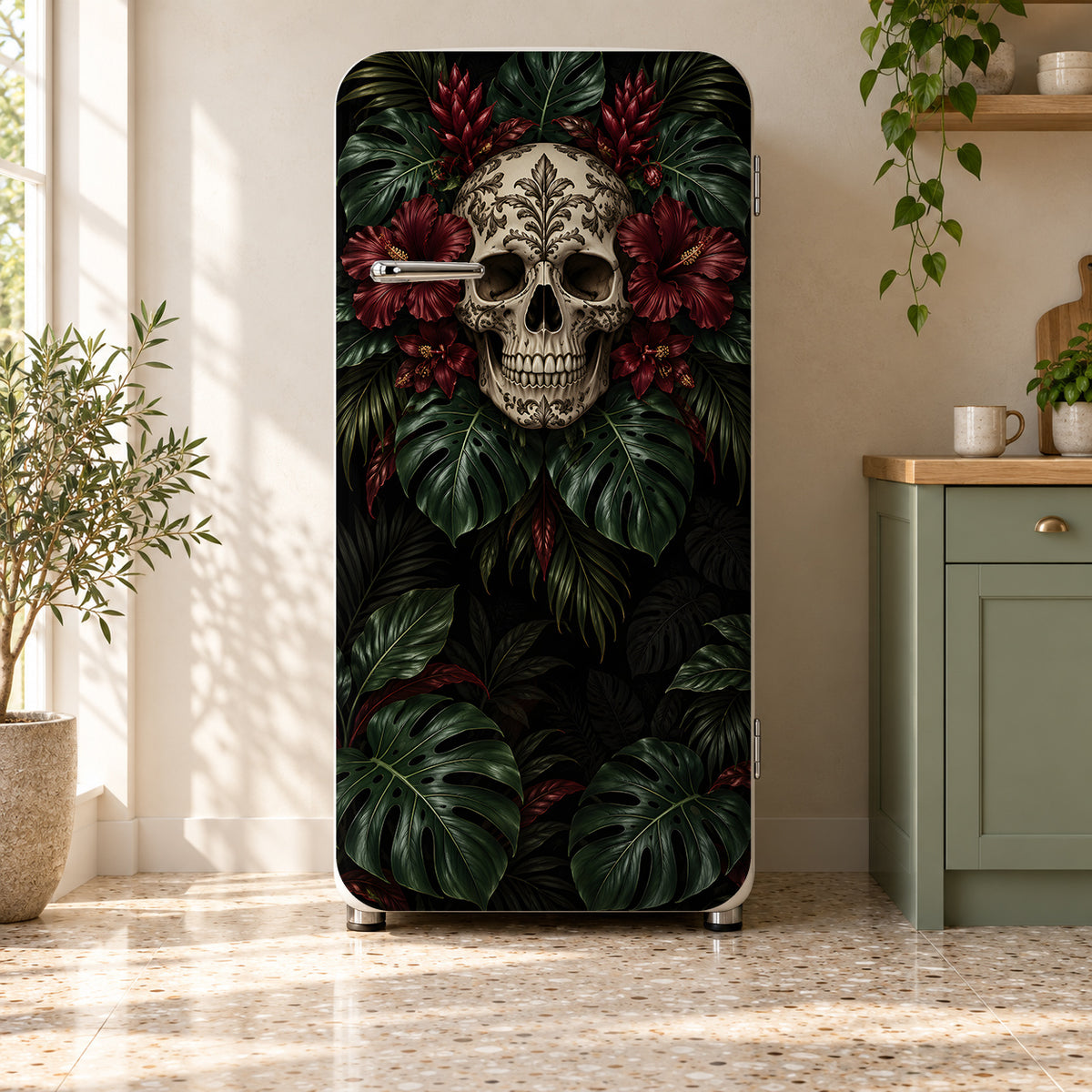 Gothic Tropical Skull fridge wrap on a retro refrigerator