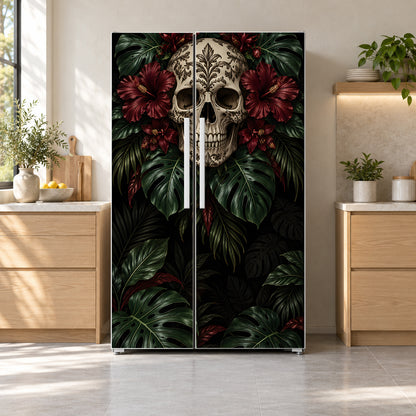 Gothic Tropical Skull fridge wrap on a side-by-side refrigerator
