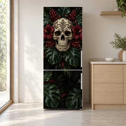 Gothic Tropical Skull fridge wrap on a white refrigerator in a bright kitchen