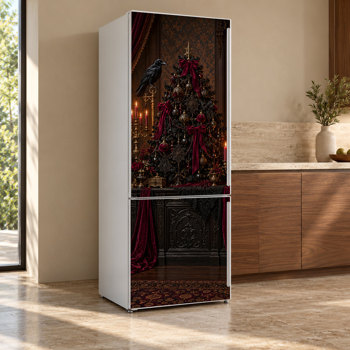 Gothmas Victorian Christmas fridge wrap, refrigerator shown at an angle