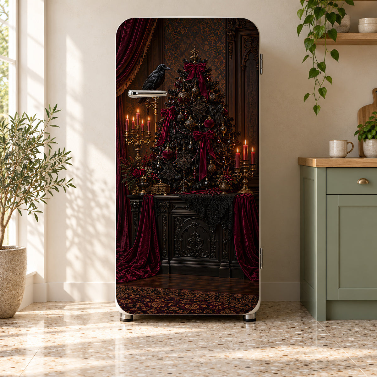 Gothmas Victorian Christmas fridge wrap on a retro refrigerator