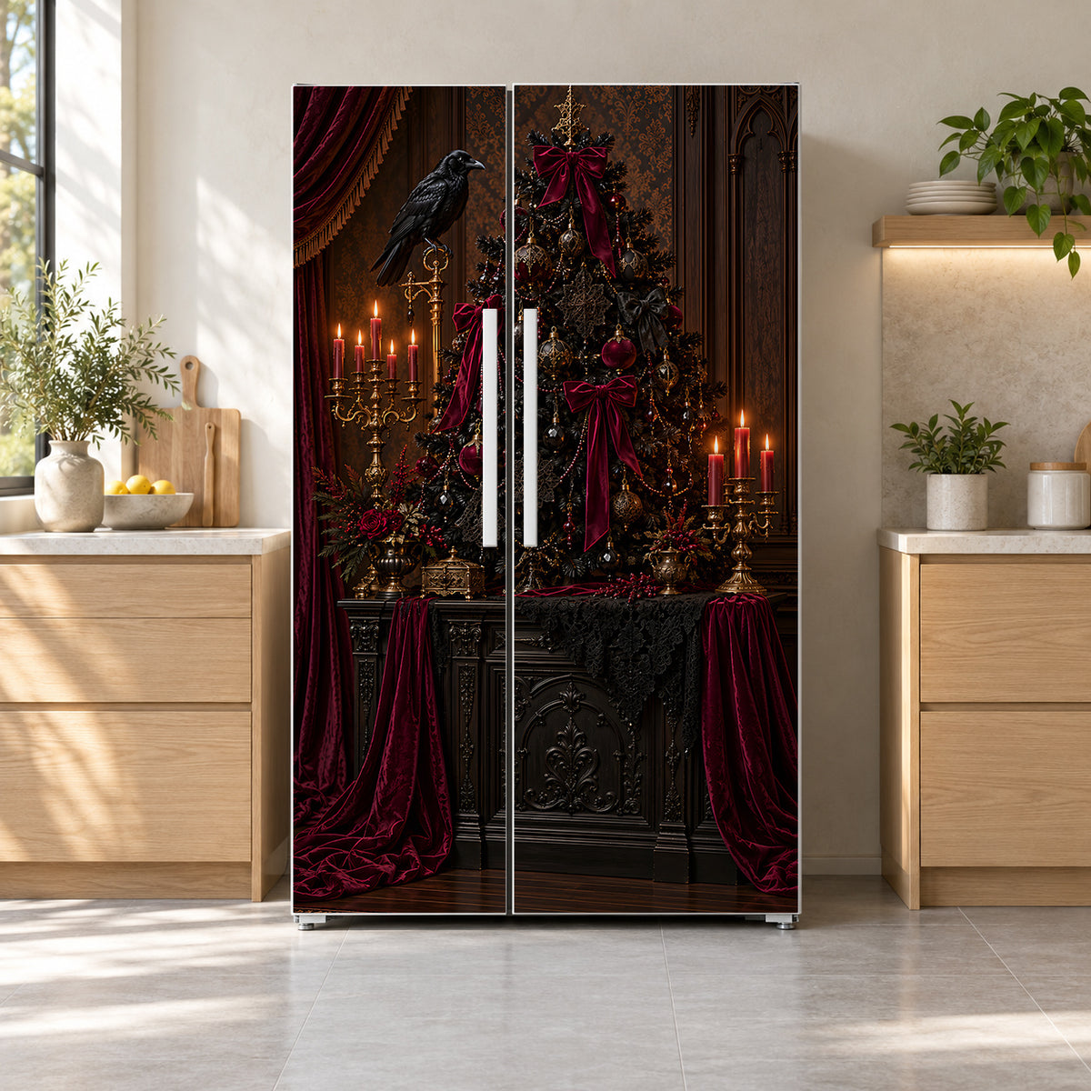 Gothmas Victorian Christmas fridge wrap on a side-by-side refrigerator