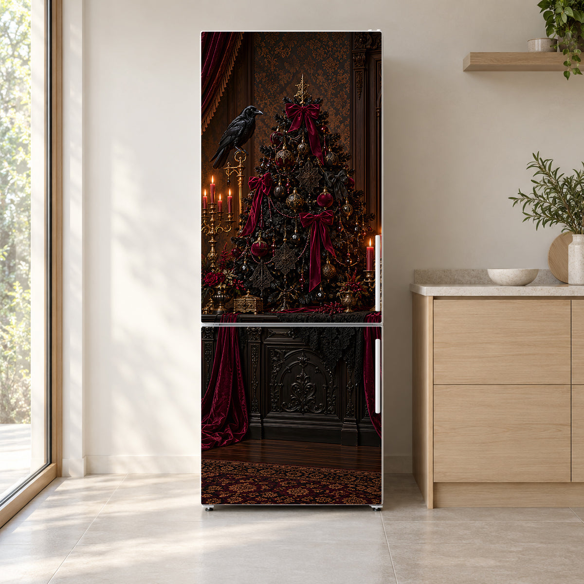 Gothmas Victorian Christmas fridge wrap on a white refrigerator in a bright kitchen