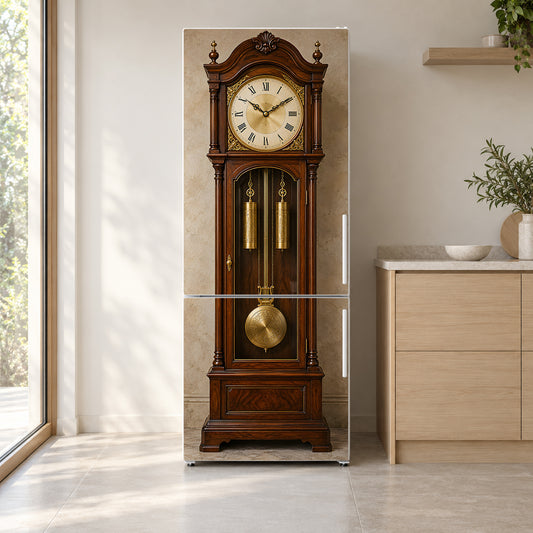 Grandfather Clock fridge wrap on a white refrigerator in a bright kitchen