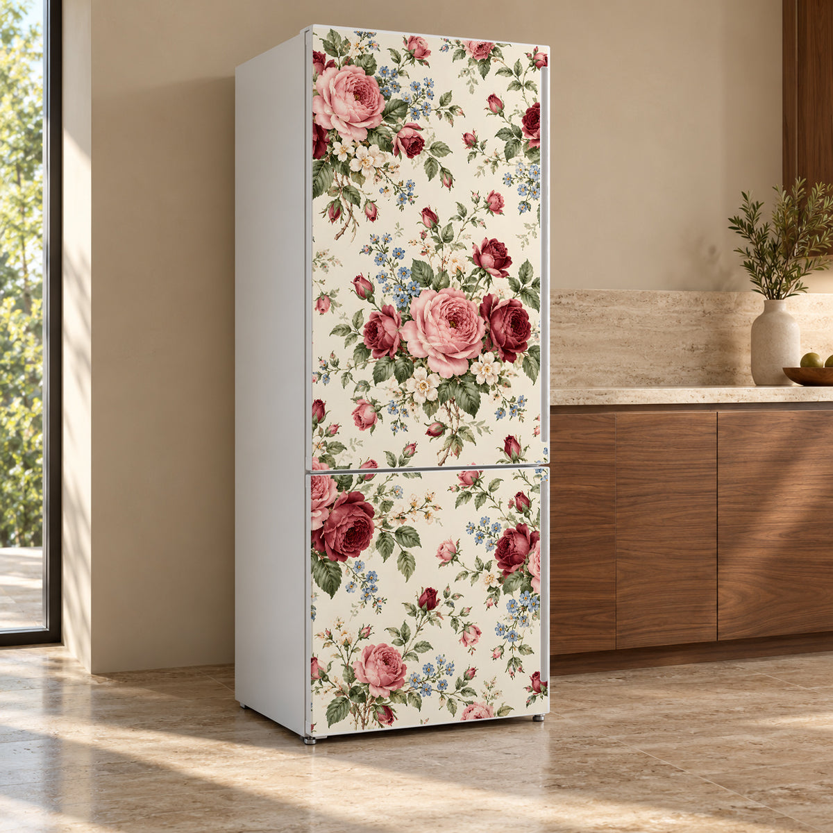 Grandma Chintz Roses fridge wrap, refrigerator shown at an angle