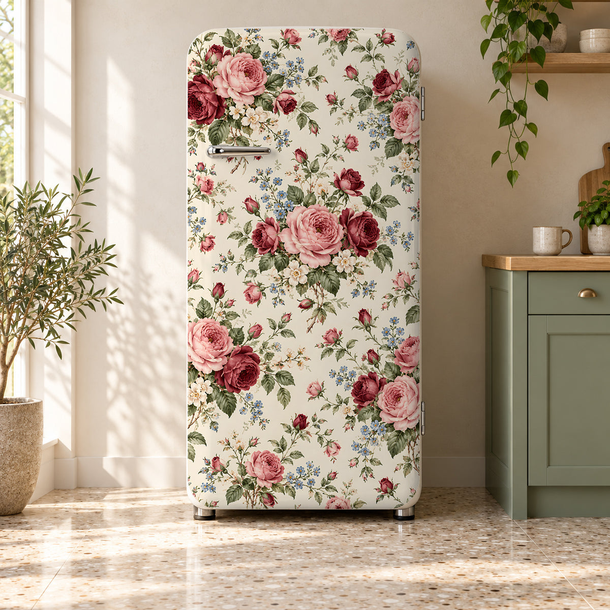 Grandma Chintz Roses fridge wrap on a retro refrigerator