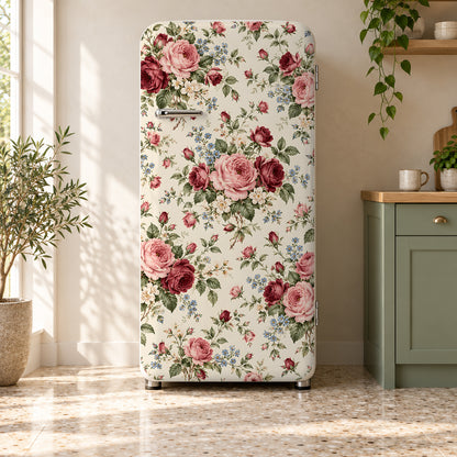 Grandma Chintz Roses fridge wrap on a retro refrigerator