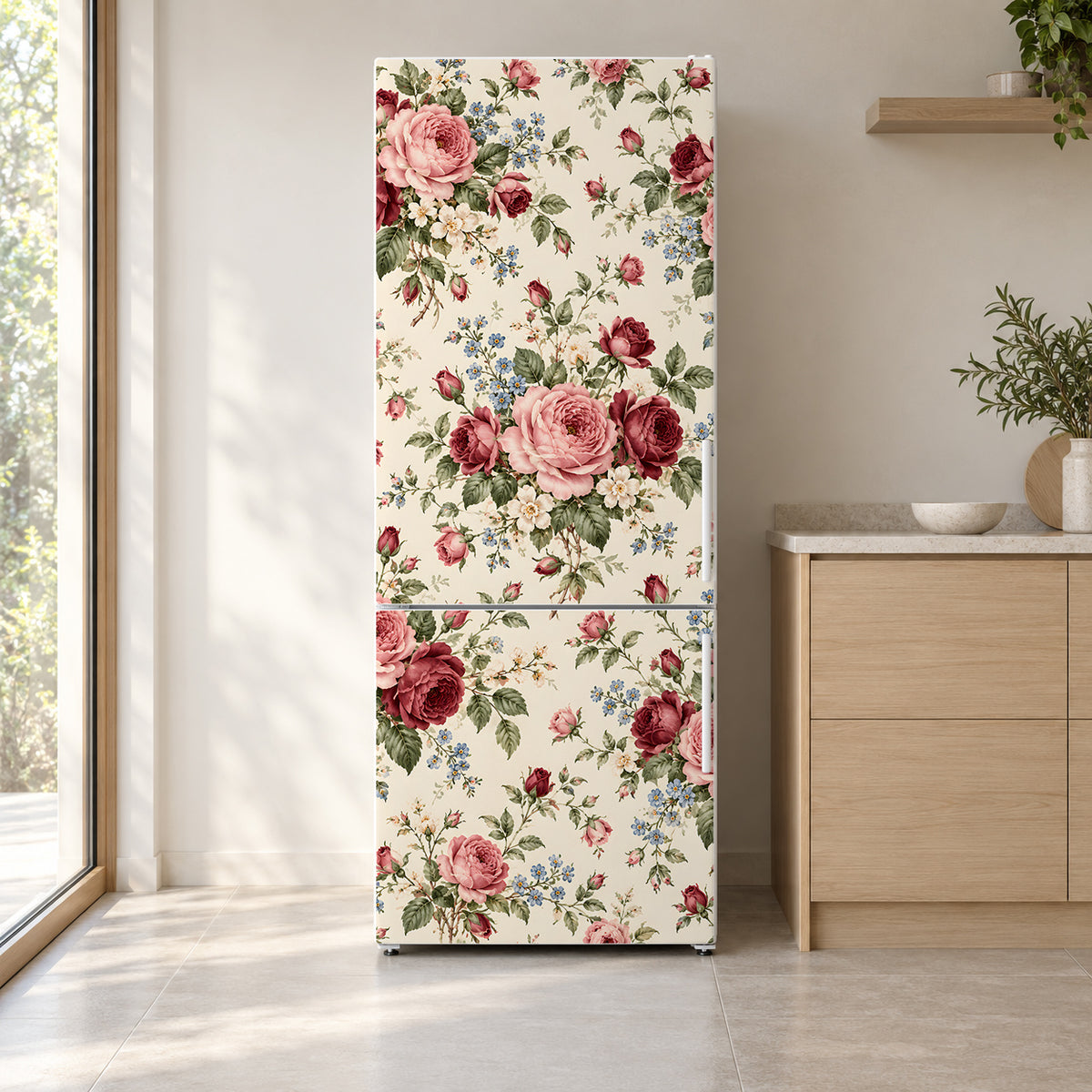 Grandma Chintz Roses fridge wrap on a white refrigerator in a bright kitchen