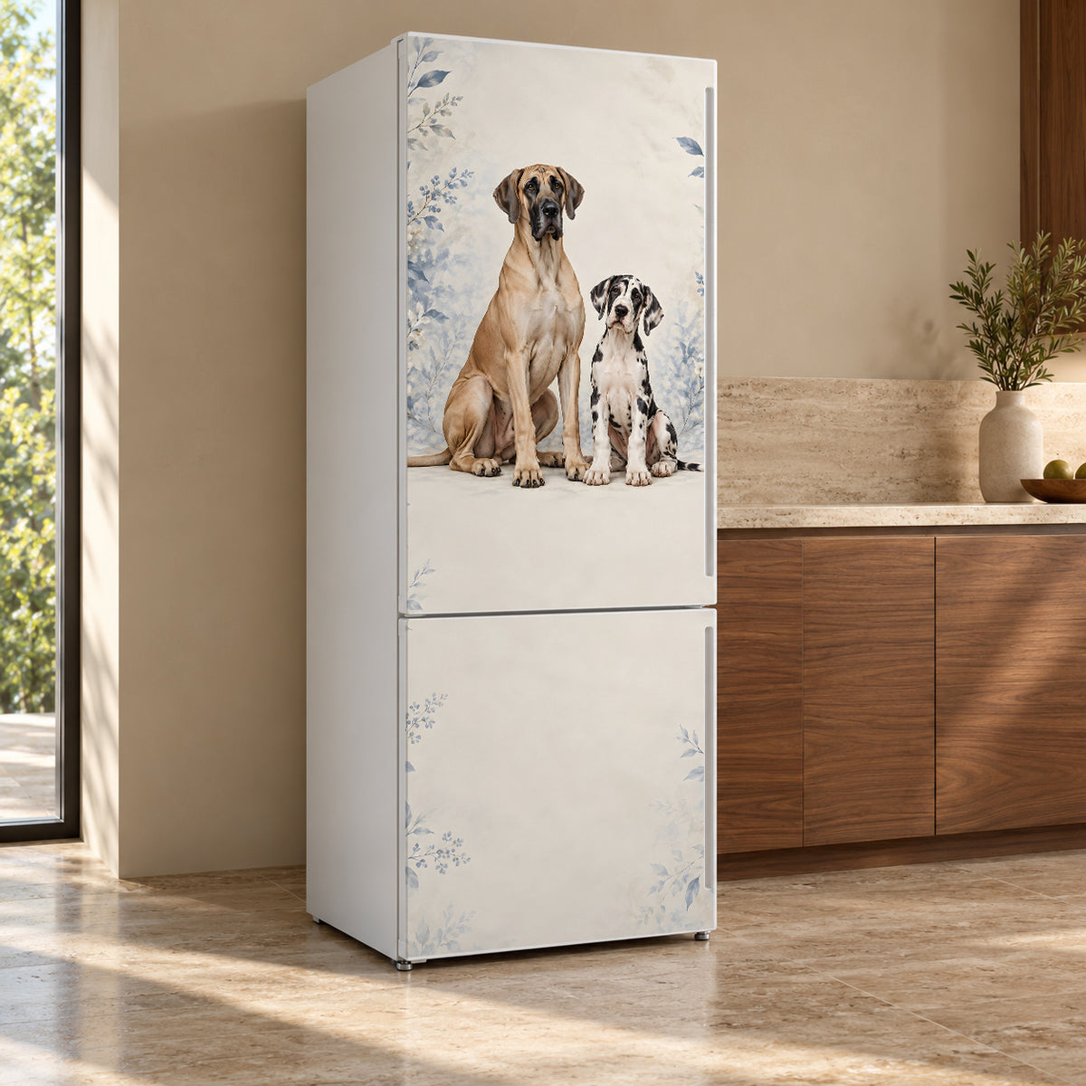Great Danes fridge wrap, refrigerator shown at an angle