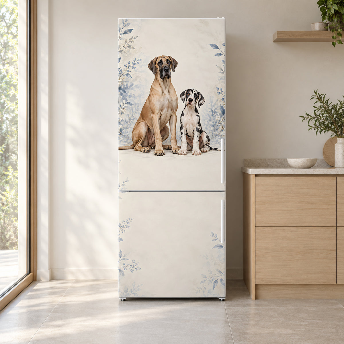 Great Danes fridge wrap on a white refrigerator in a bright kitchen