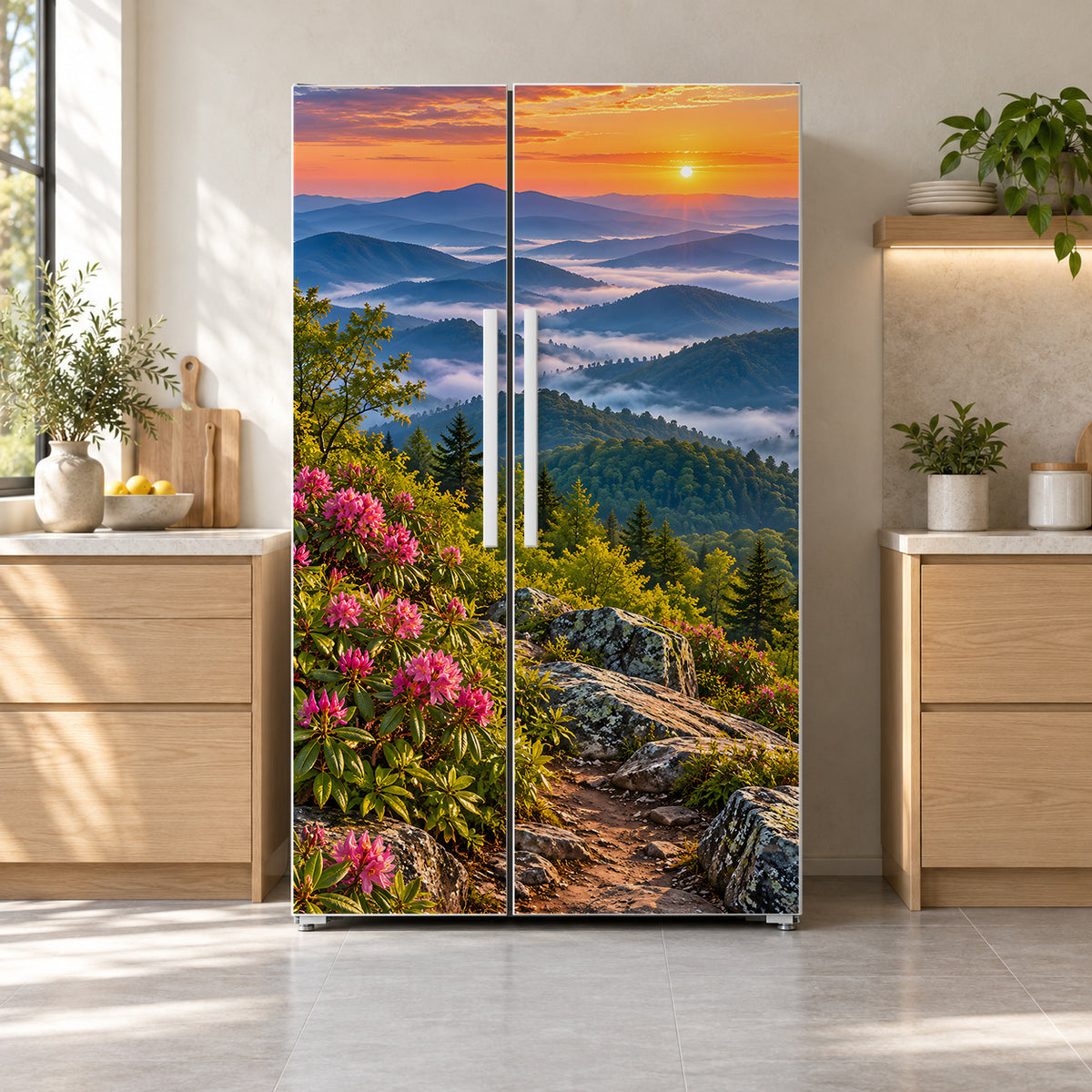Great Smoky Mountains fridge wrap on a side-by-side refrigerator
