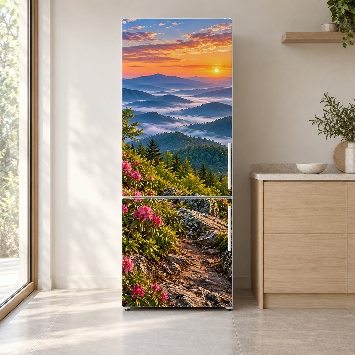 Great Smoky Mountains fridge wrap on a white refrigerator in a bright kitchen