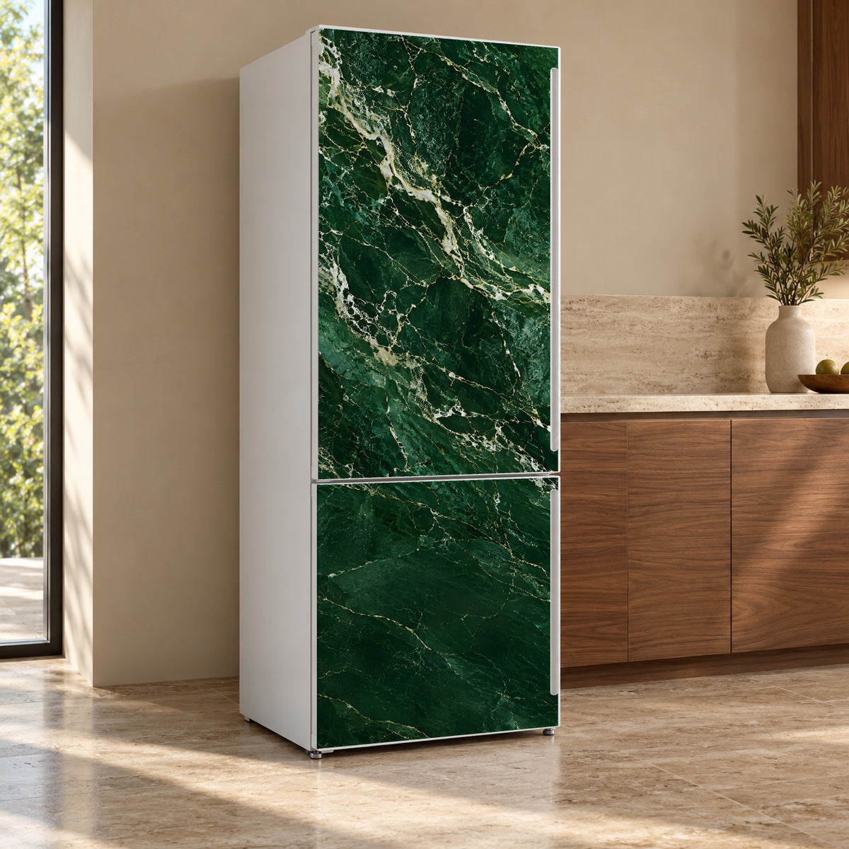 Green Marble fridge wrap, refrigerator shown at an angle