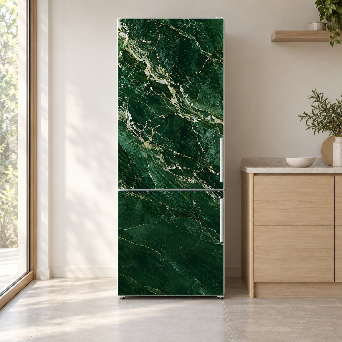 Green Marble fridge wrap on a white refrigerator in a bright kitchen
