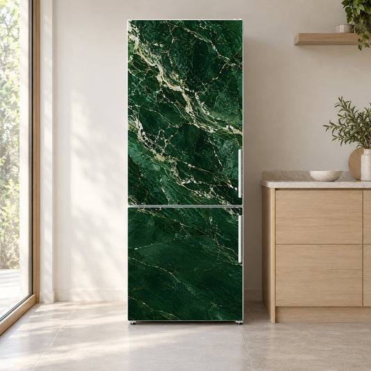Green Marble fridge wrap on a white refrigerator in a bright kitchen