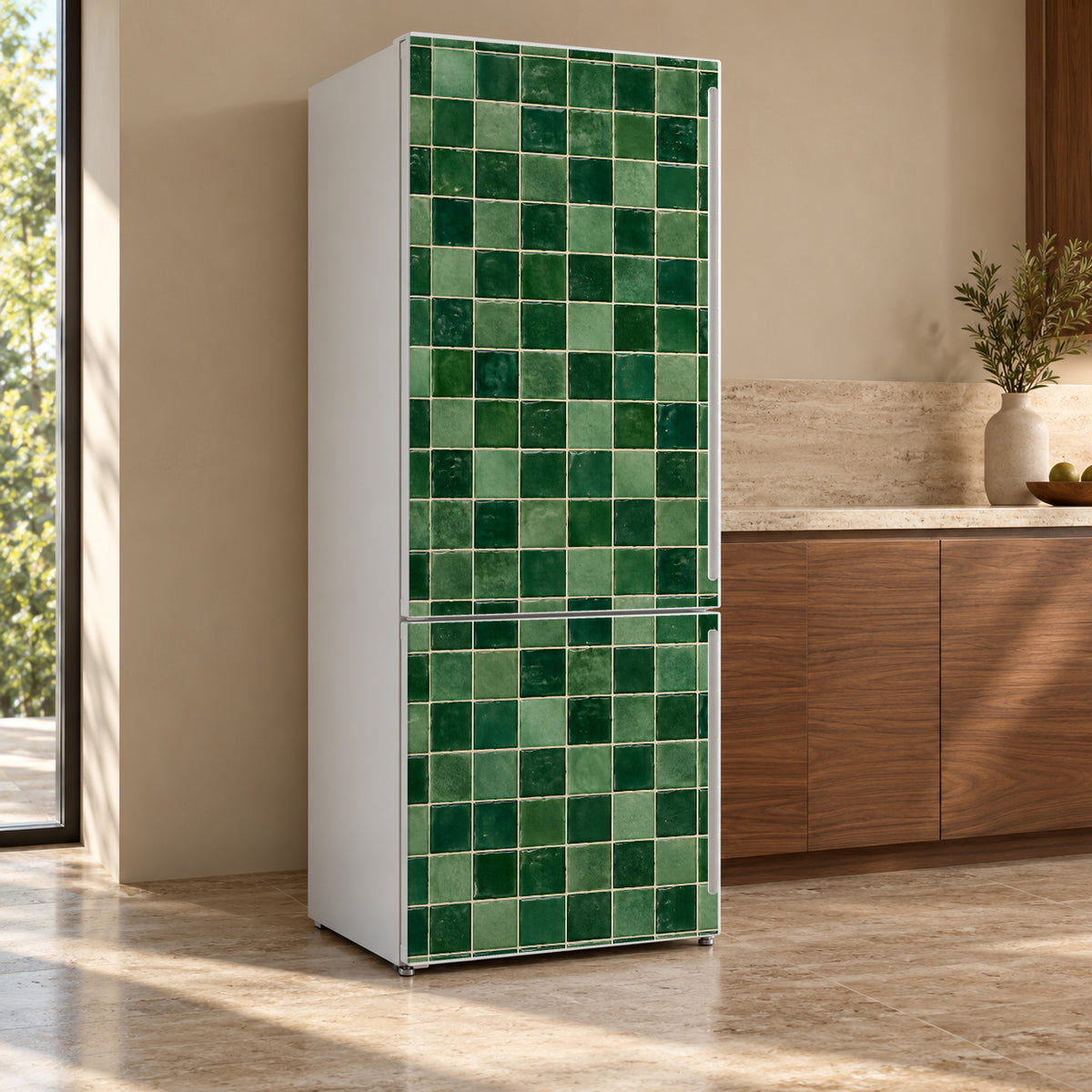 Green Zellige Tiles fridge wrap, refrigerator shown at an angle