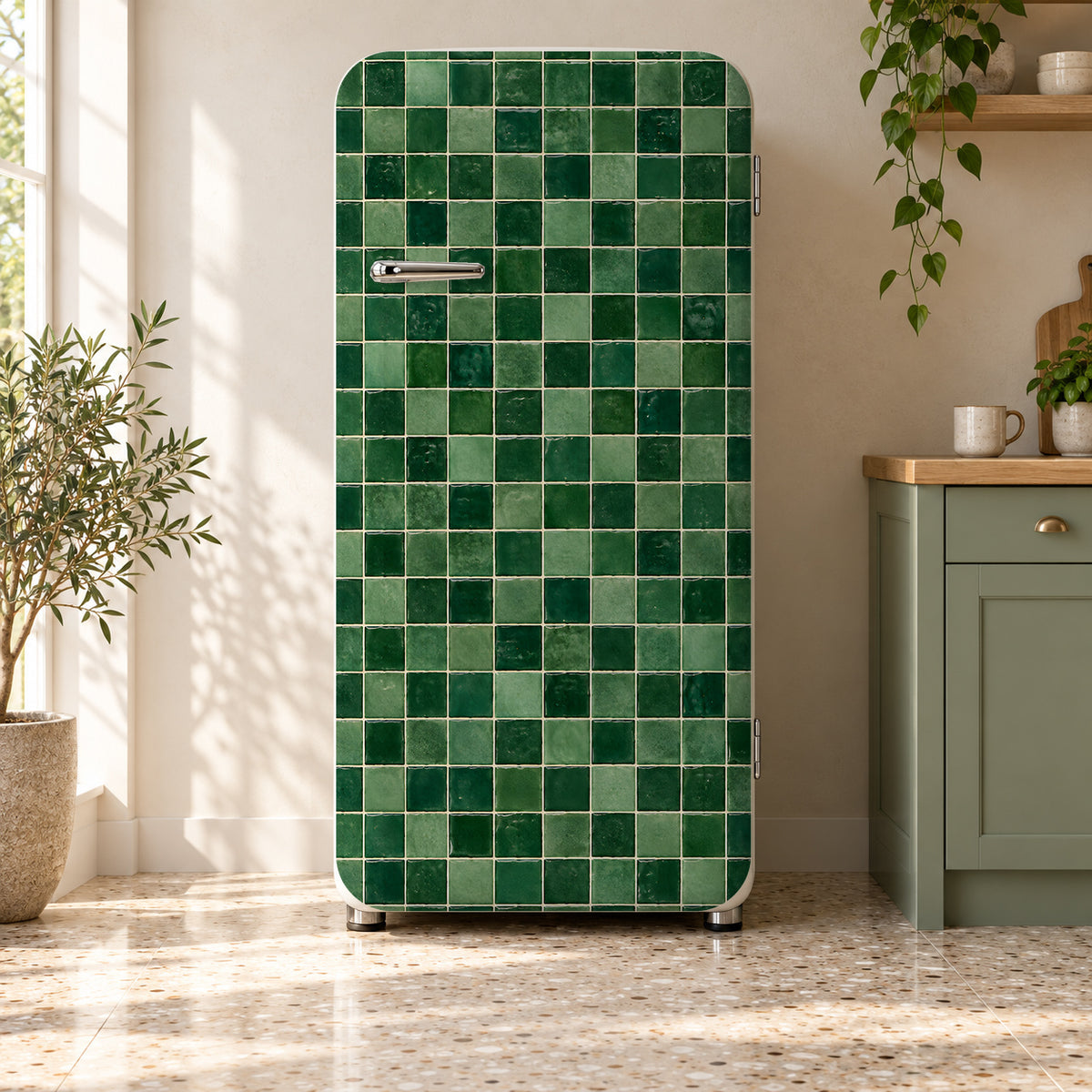 Green Zellige Tiles fridge wrap on a retro refrigerator