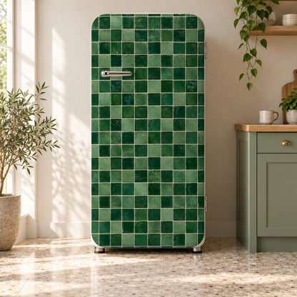 Green Zellige Tiles fridge wrap on a retro refrigerator