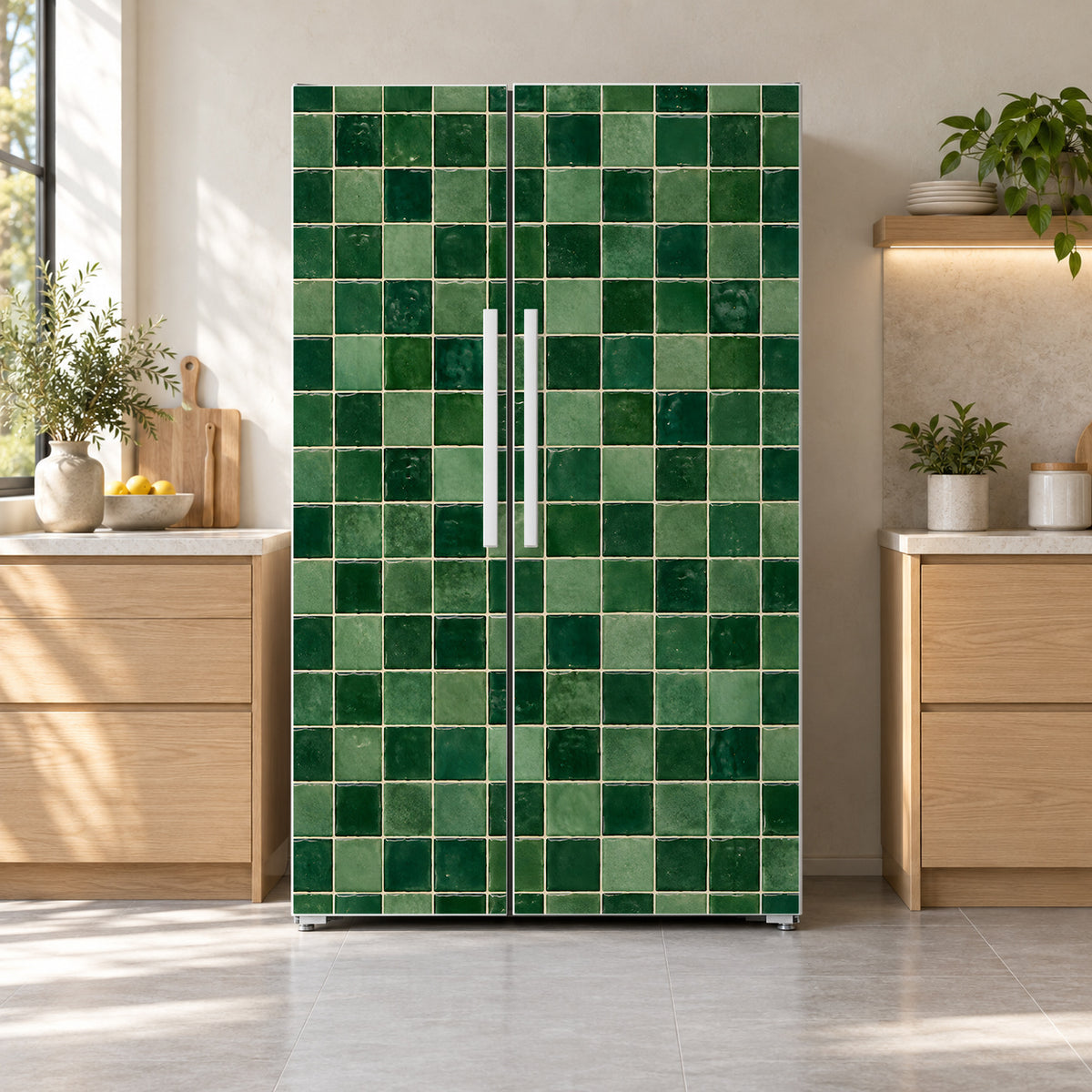 Green Zellige Tiles fridge wrap on a side-by-side refrigerator