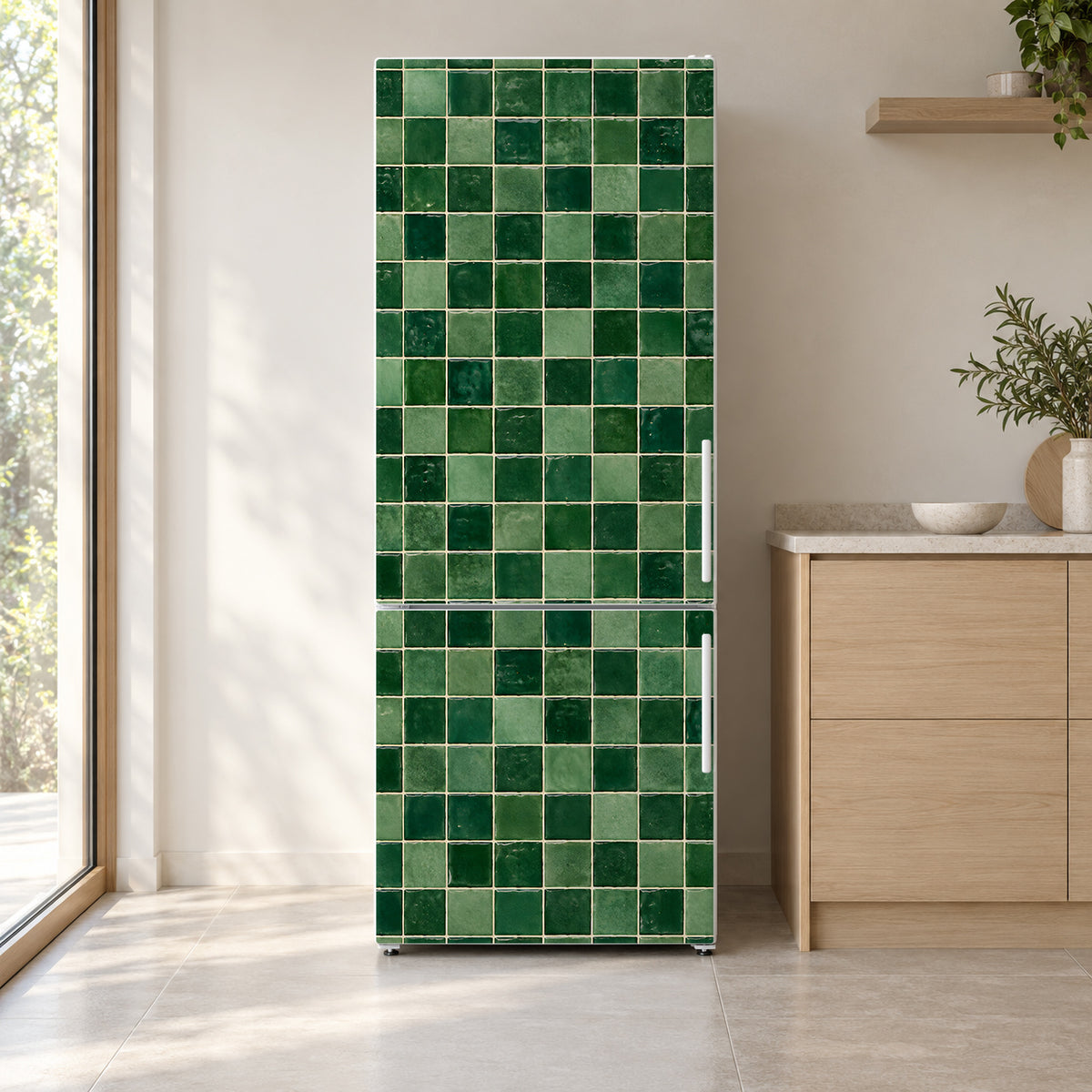 Green Zellige Tiles fridge wrap on a white refrigerator in a bright kitchen