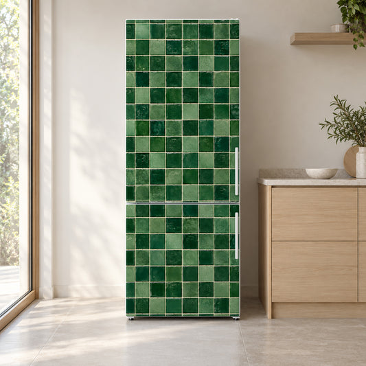 Green Zellige Tiles fridge wrap on a white refrigerator in a bright kitchen