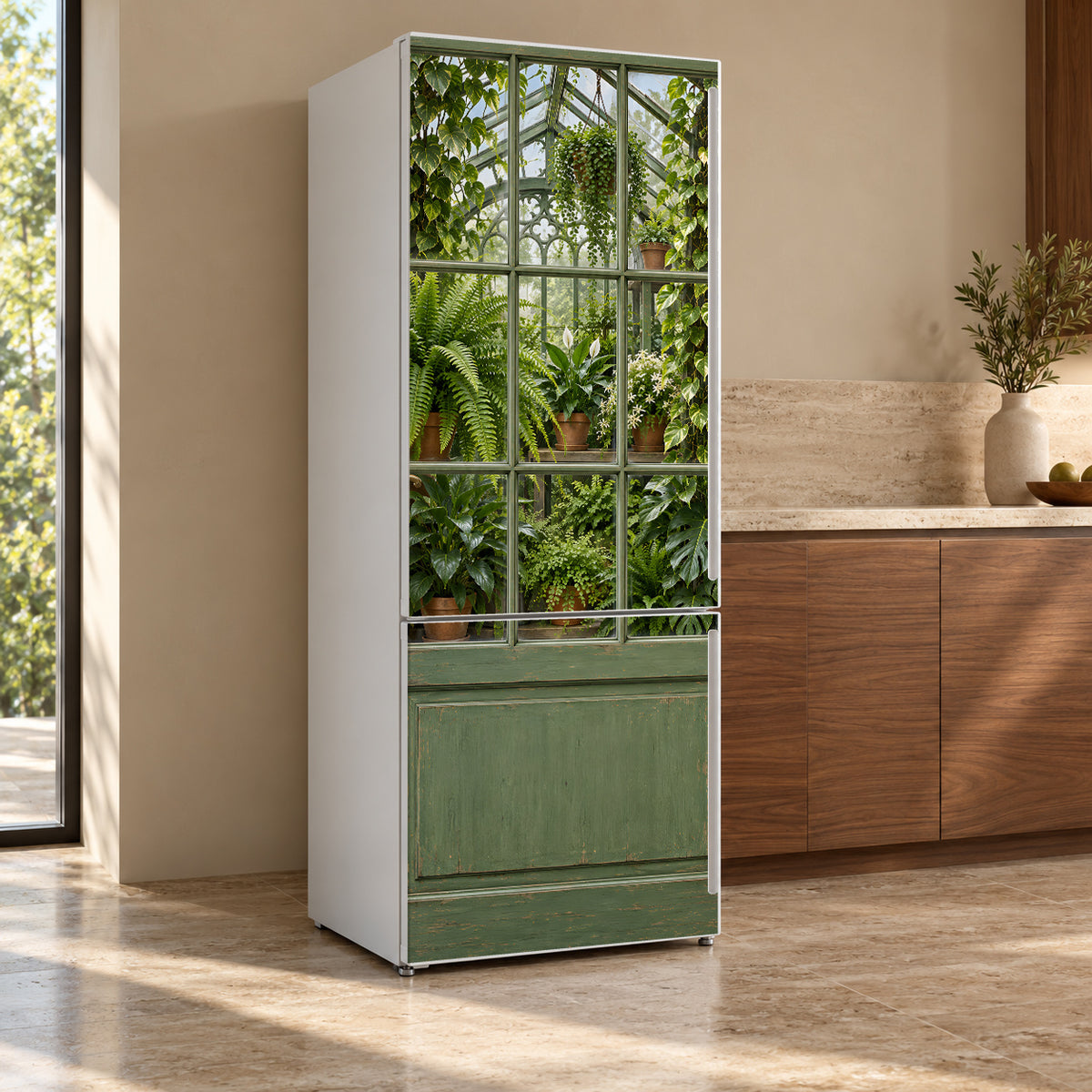 Greenhouse Door fridge wrap, refrigerator shown at an angle