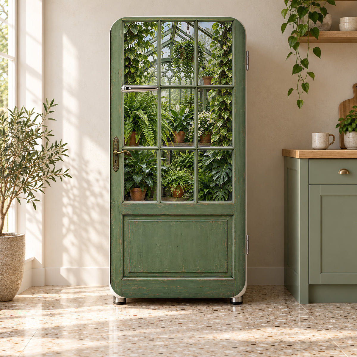 Greenhouse Door fridge wrap on a retro refrigerator