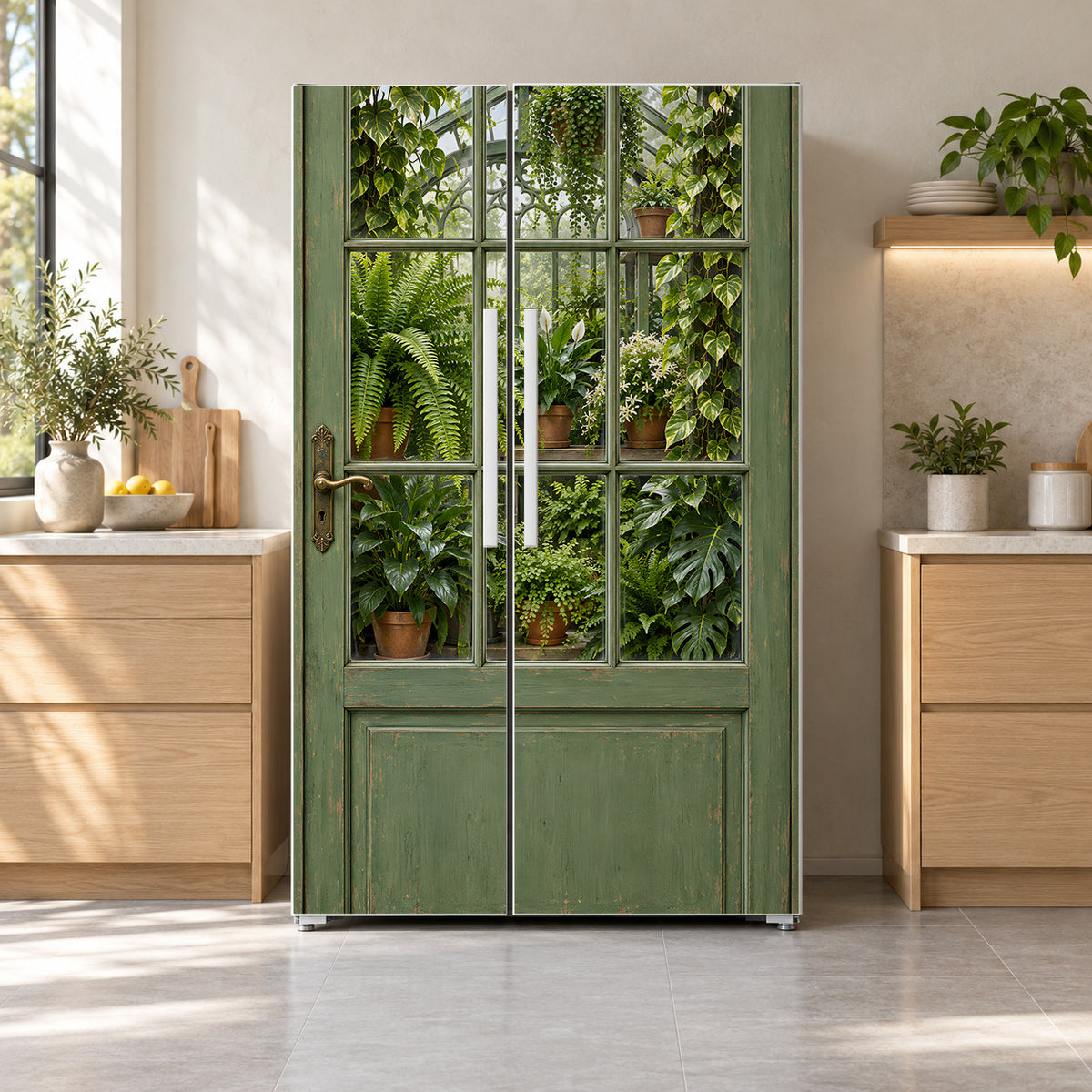 Greenhouse Door fridge wrap on a side-by-side refrigerator