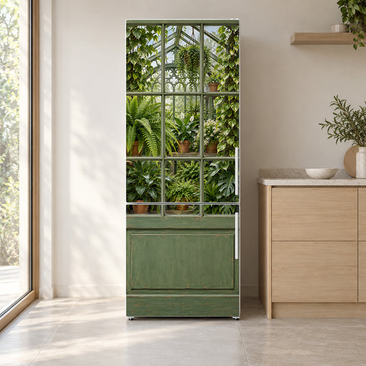 Greenhouse Door fridge wrap on a white refrigerator in a bright kitchen