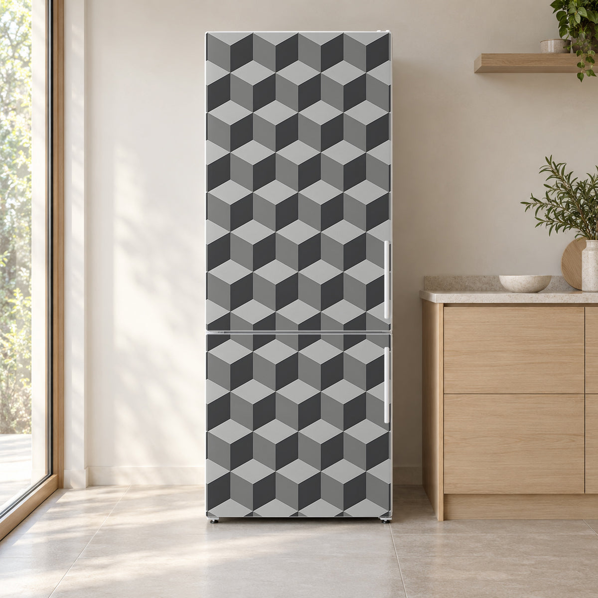 Grey 3D Cubes fridge wrap on a white refrigerator in a bright kitchen