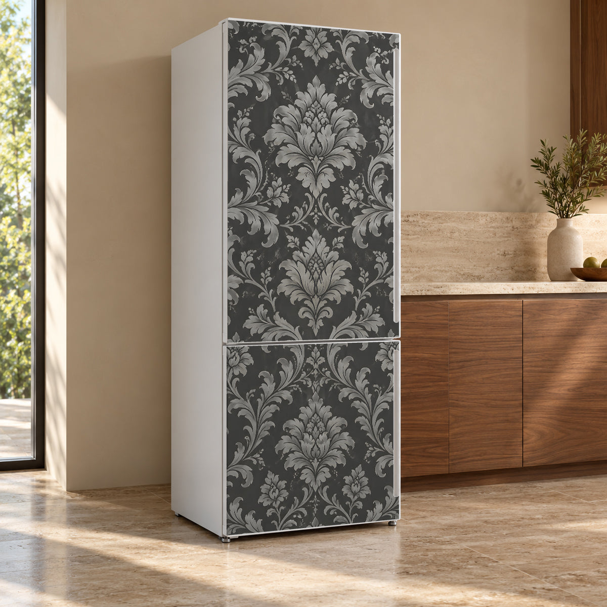 Grey Damask fridge wrap, refrigerator shown at an angle