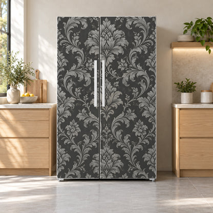 Grey Damask fridge wrap on a side-by-side refrigerator