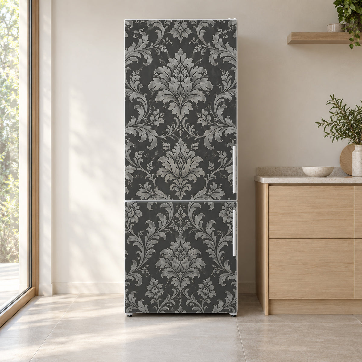 Grey Damask fridge wrap on a white refrigerator in a bright kitchen